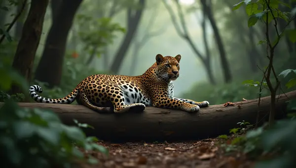 Leopard Resting On Log In Rainforest Clearing