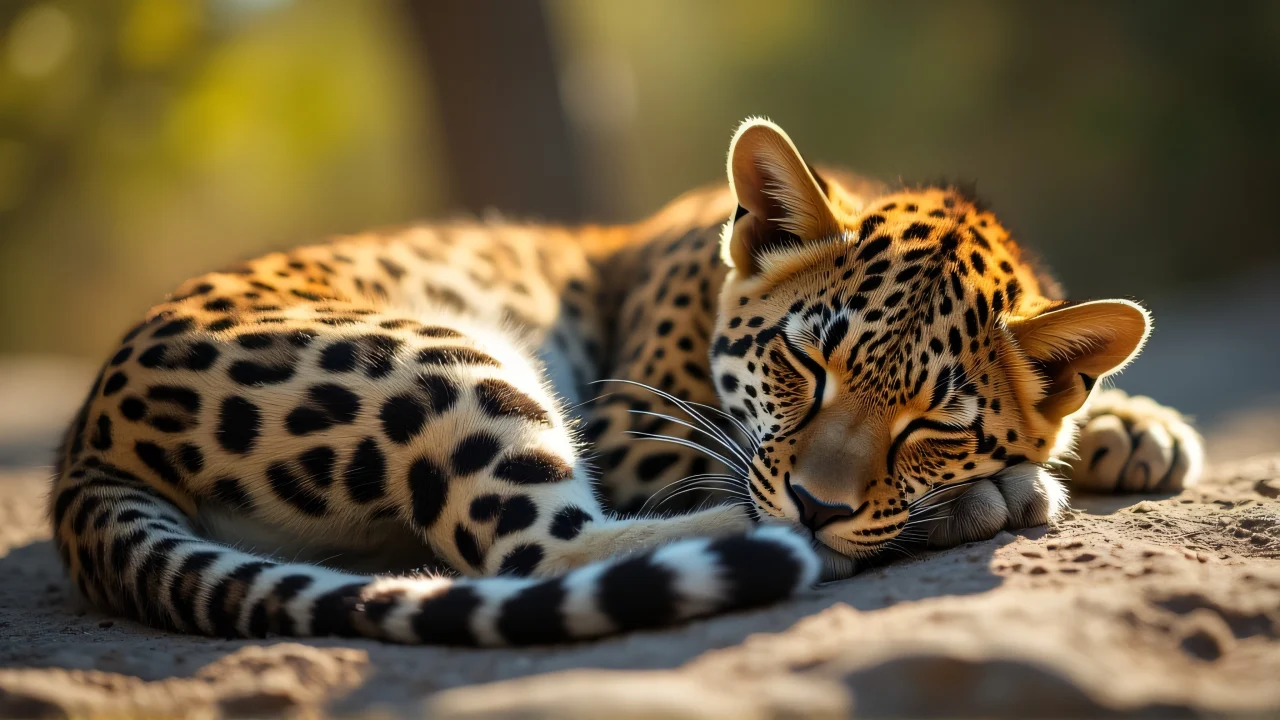 Close-up of a curled leopard sleeping on a sunlit rock.