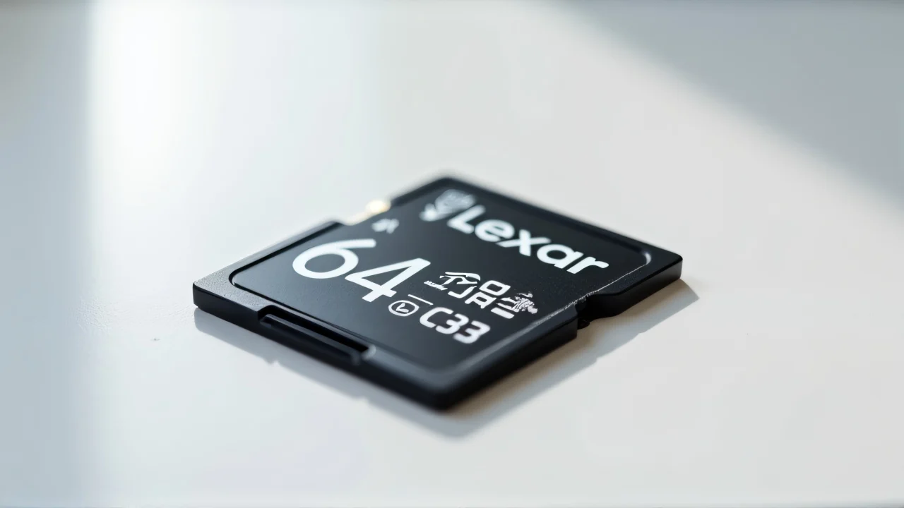 Close-up of a Lexar 64 GB SD card pack on white surface.