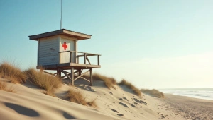 Lifeguard Station On Sandy Dune At Sunset