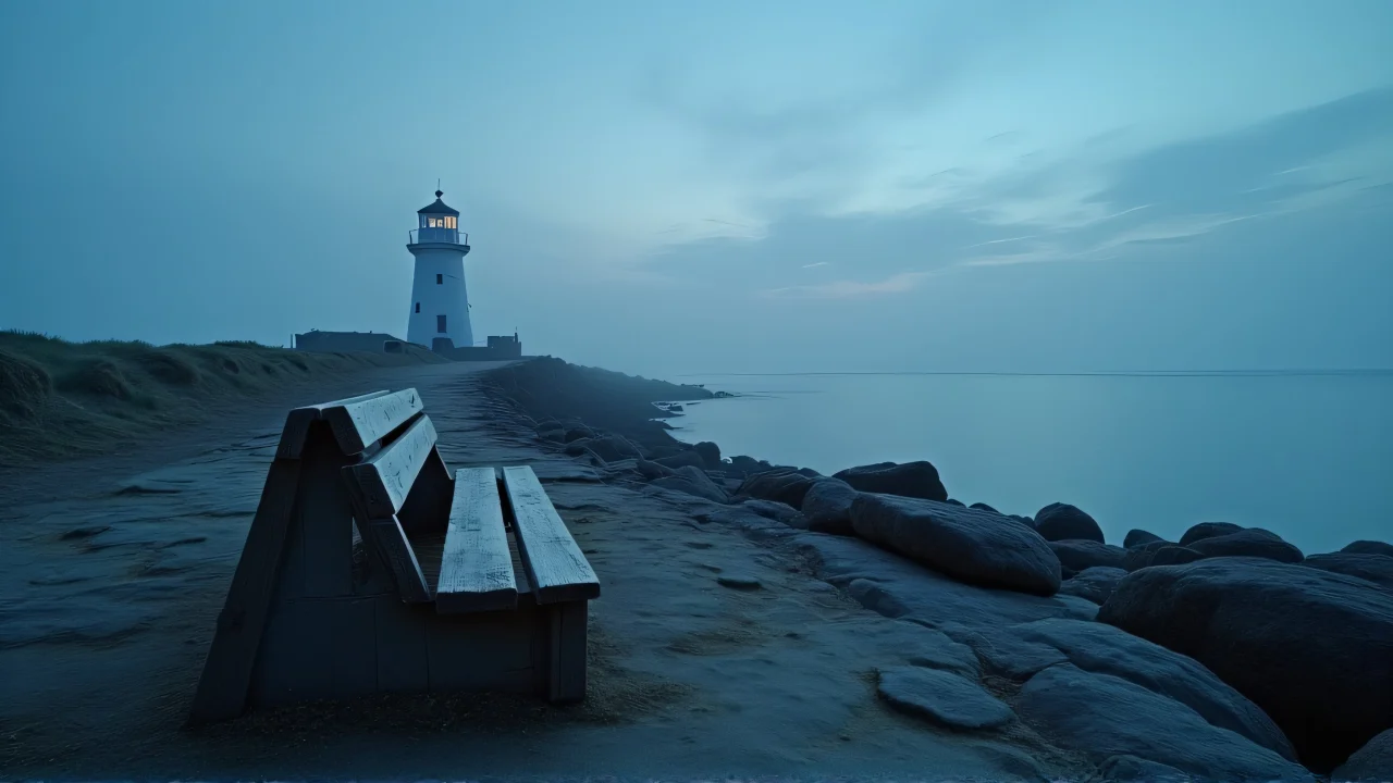 A lonely lighthouse and a weathered bench on a rocky shore during dusk with fog over the sea.