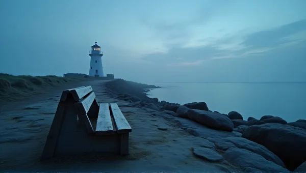Lighthouse at Dusk with Weathered Bench on Shore