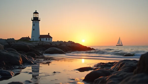 Lighthouse At Sunset On Rocky Coastline