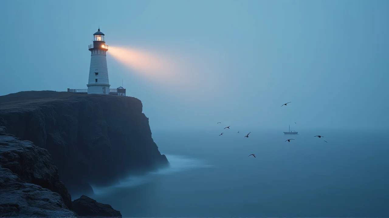 A solitary lighthouse on a cliff with a light beam piercing through fog over the sea at dusk.