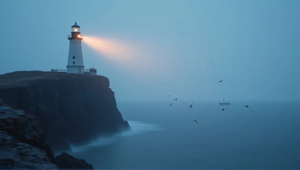 Lighthouse Atop Cliff With Beam In Foggy Sea