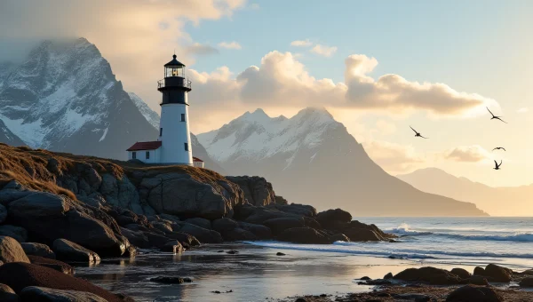 Lighthouse On Rocky Cliff With Mountain Range
