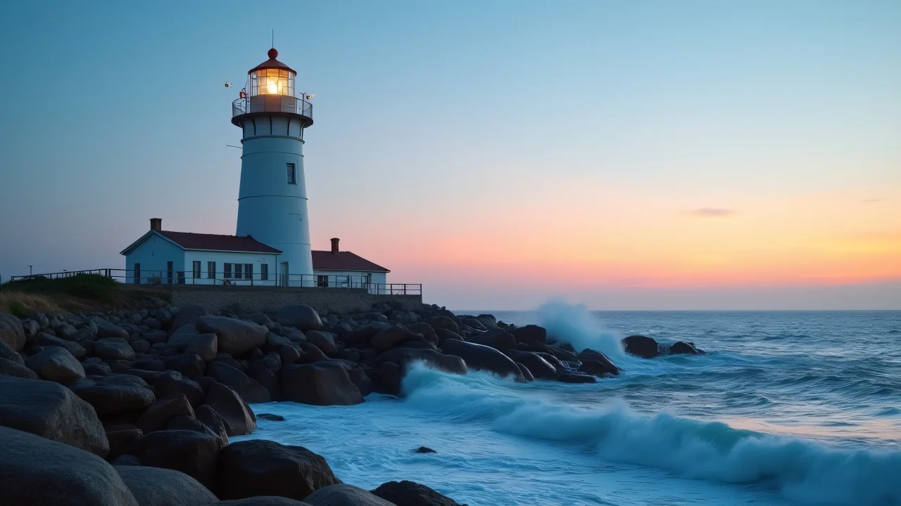 A white lighthouse on a rocky shore at dusk with crashing waves.