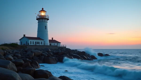 Lighthouse On Rocky Shore At Dusk View