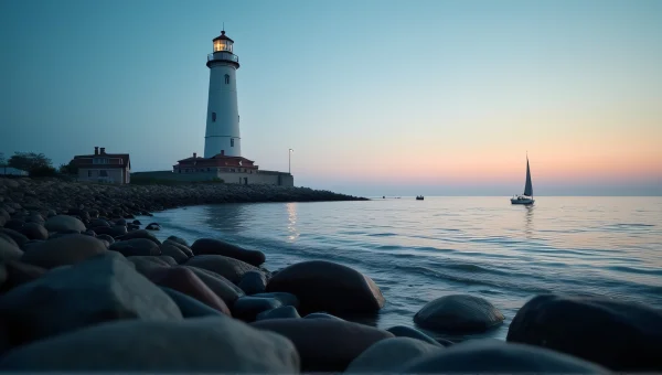 Lighthouse Rocky Shore Dusk Sailboat Reflection