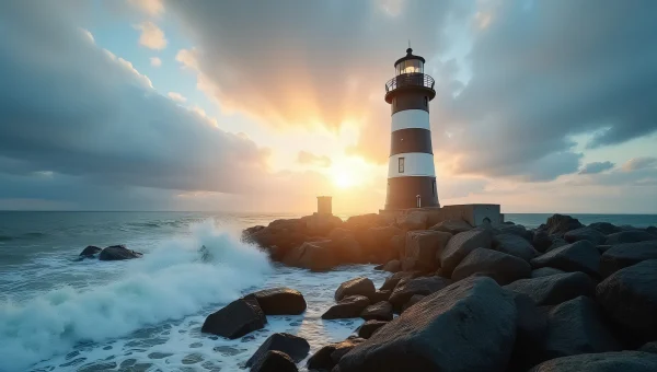 Lighthouse On Rocky Shore With Waves At Sunset