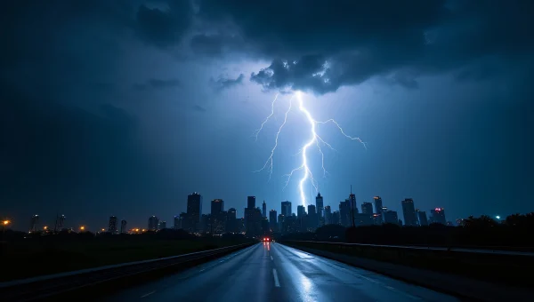 Lightning Bolt Strikes City Skyline at Night