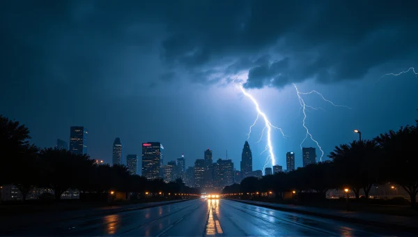 Lightning Bolt Striking Stormy Sky Over City
