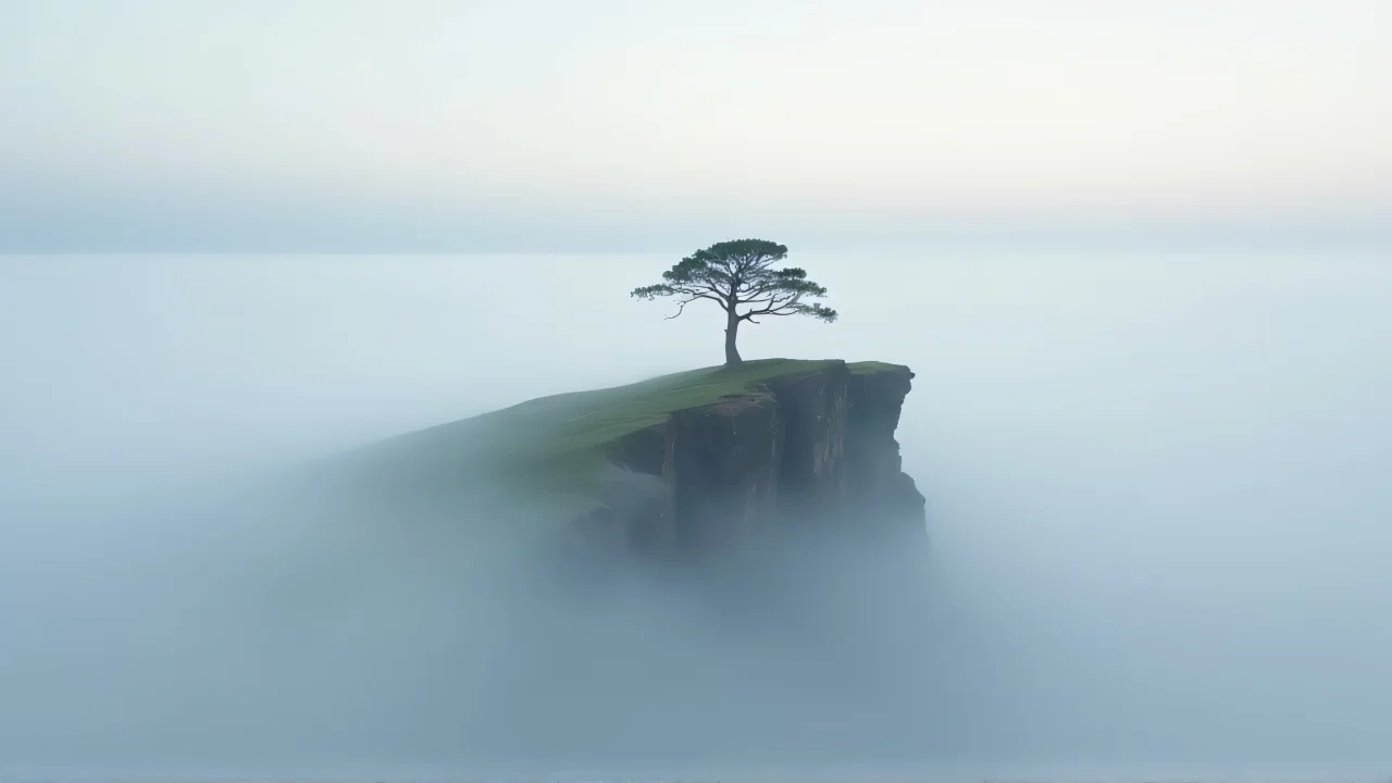 A limestone cliff rises from dense fog with a lone pine at the edge.