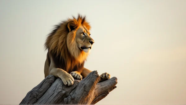 Lion On Tree Trunk Under Soft Overcast Sky