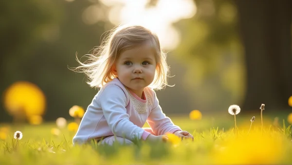 Little Girl Playing in Grass with Dandelions
