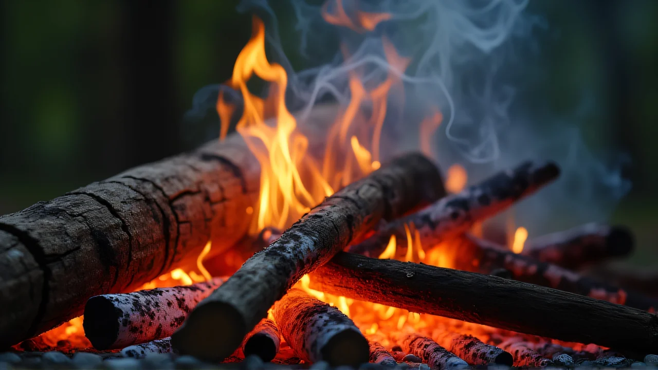 Close-up of a log pile on fire with glowing embers and smoke.