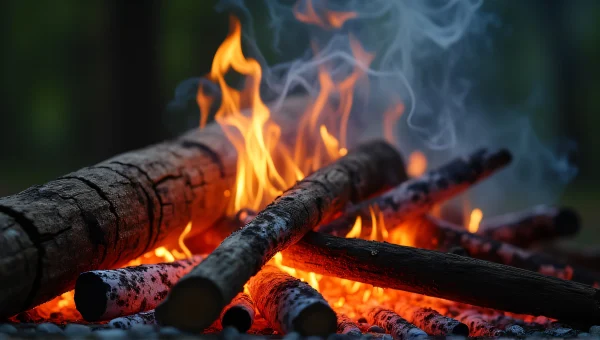 Log Pile Fire Close-Up With Glowing Embers