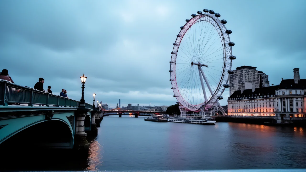 Wide-angle view of the London Eye at dusk with silhouetted pedestrians and Thames reflections.