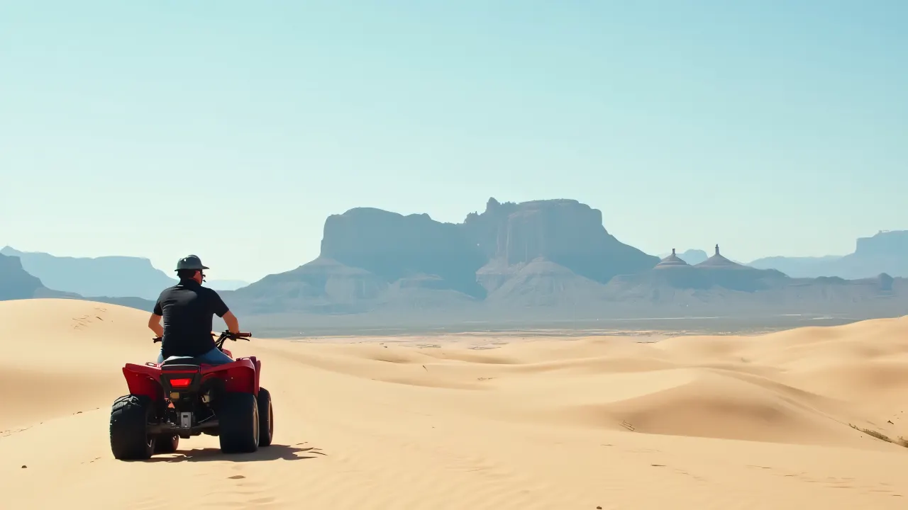 A lone rider on an ATV pauses on sandy dunes, looking towards distant mountains under a clear sky.