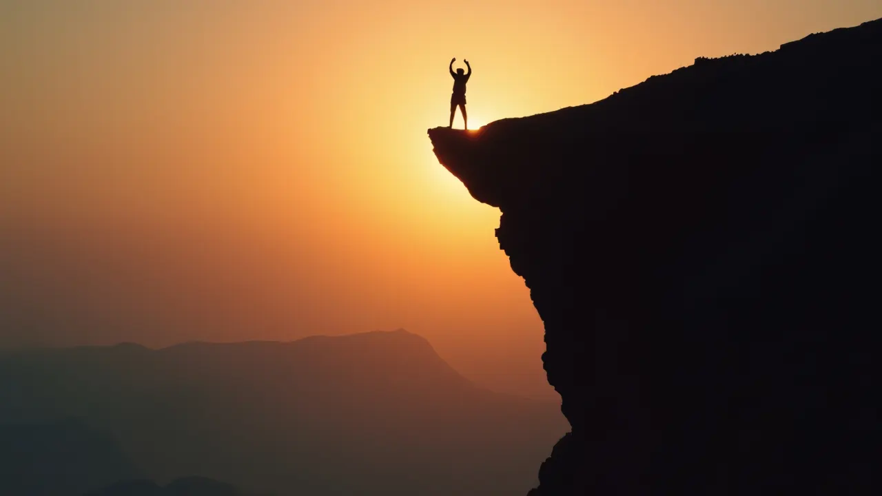 Silhouette of a person hanging from a cliff edge at dusk.