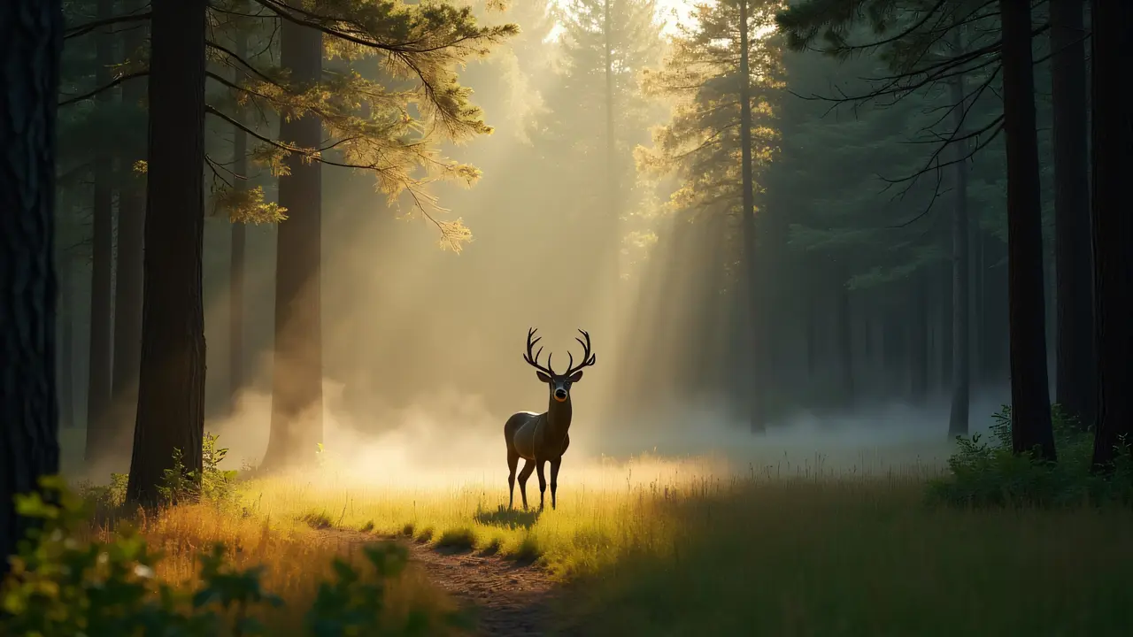 A solitary deer stands in a misty forest clearing, illuminated by soft afternoon light.