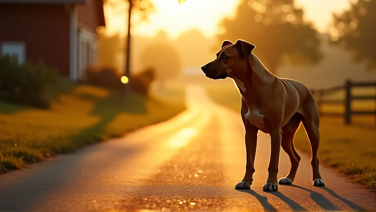 A lone dog stands on a sunlit country road with a farmhouse in the background.