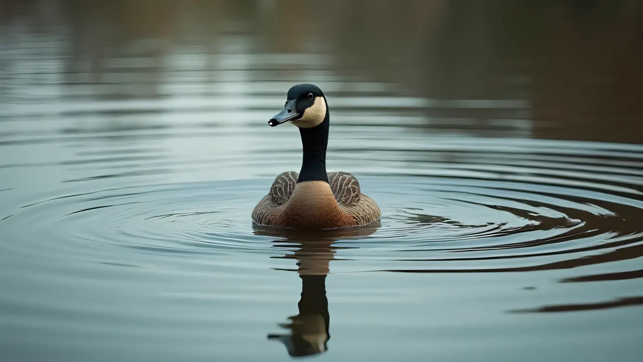A lone duck swims on a rippling pond with soft natural light.