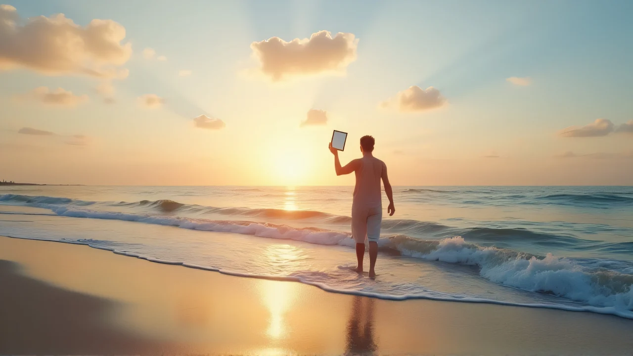 A solitary person holds a mirror by the shoreline, reflecting the sky as gentle waves lap nearby.