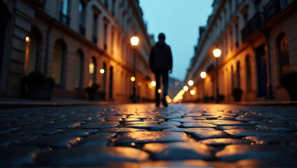 Lone Figure On Cobblestone Street At Dusk
