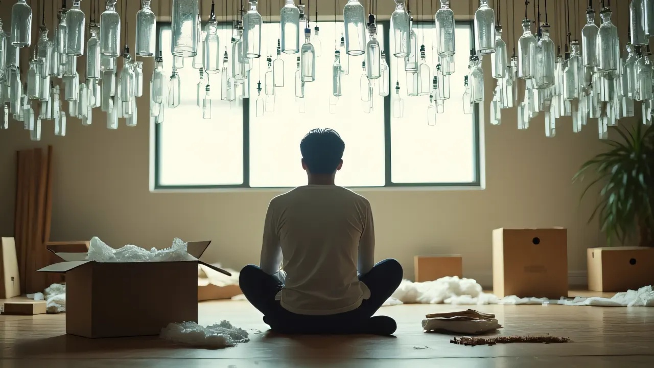 A person seated next to suspended glass bottles and an open cardboard box.