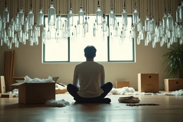 Lone Figure With Glass Bottles And Cardboard Box
