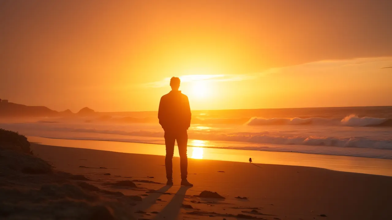 A solitary person stands on the shore, illuminated by a radiant horizon.