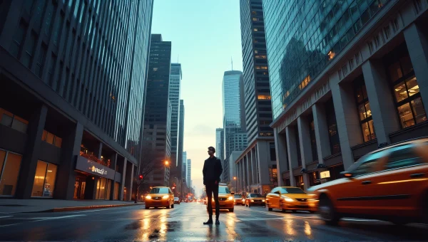 Lone Figure Street Scene Near High-Rise Buildings