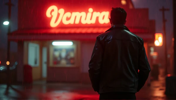 Lone Figure Under Neon Sign In Rainy Night