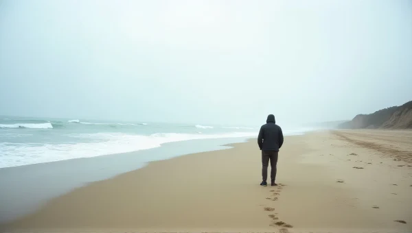 Lone Figure on Windswept Beach Facing Horizon
