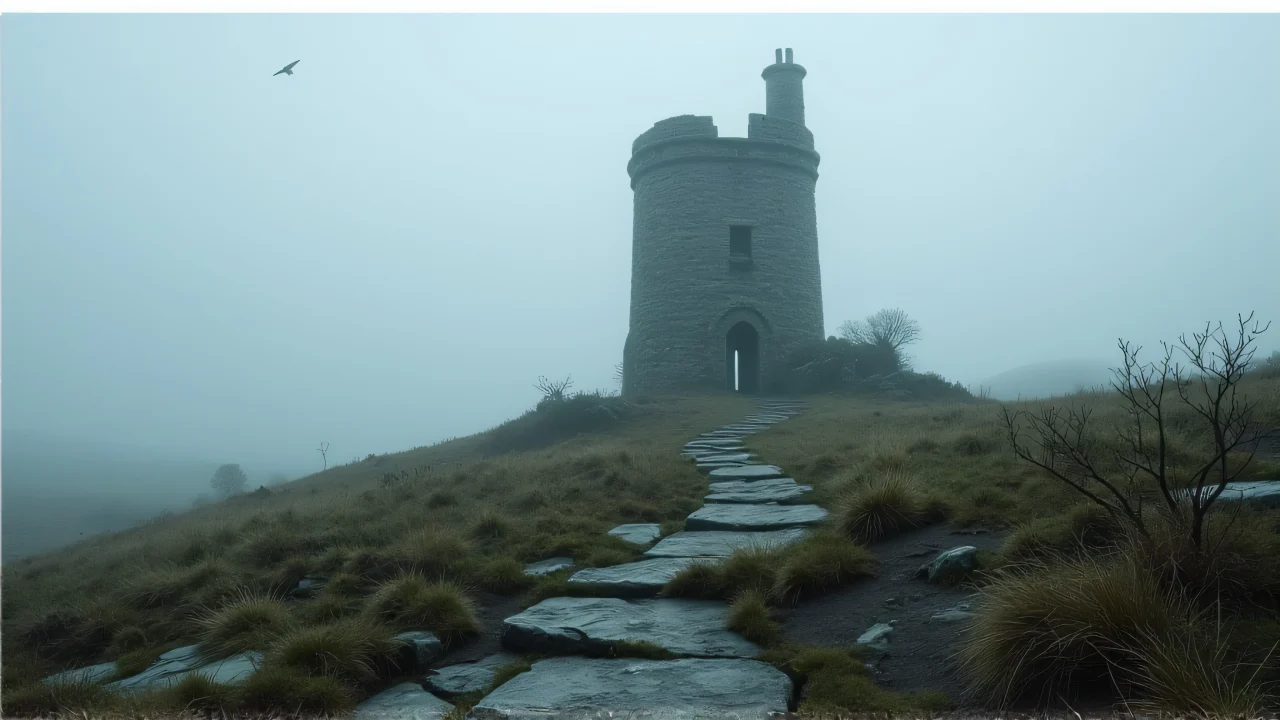 A lone grey tower rises from a foggy moor, surrounded by twisted ivy and under a slate sky.