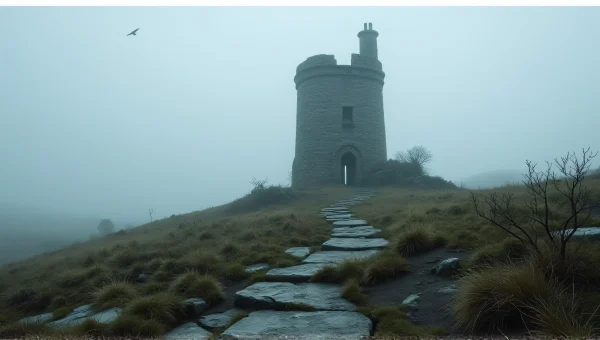 Lone Grey Tower in Foggy Moor Landscape