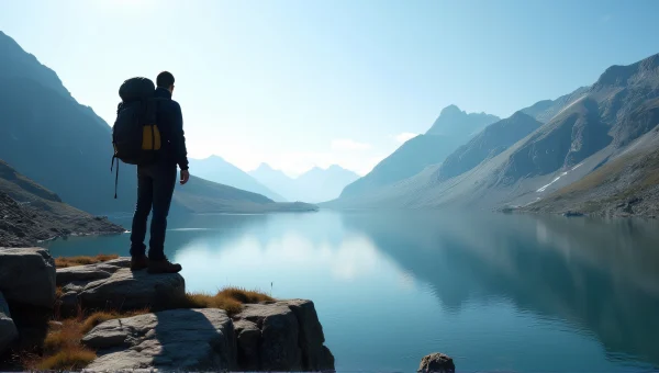Lone Hiker On Rocky Ledge Facing Alpine Lake