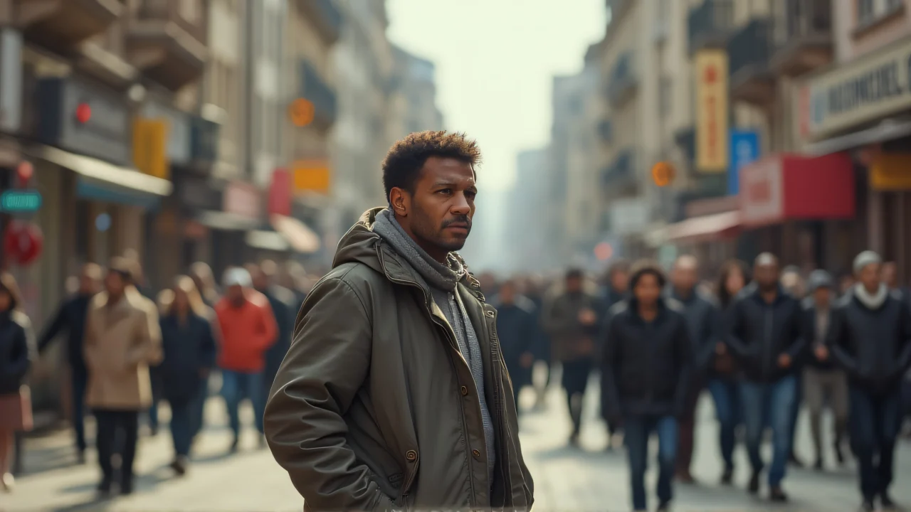 A lone man stands near a diverse group of men and women in an afternoon street scene.