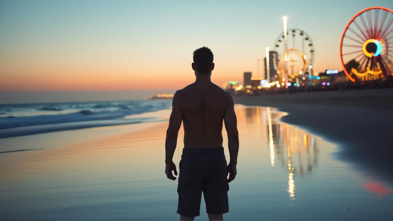 A solitary man stands on wet sand at dusk, viewing amusement park rides.