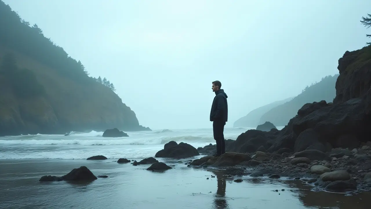 A solitary man stands near rugged rocks by the coast during low tide under an overcast sky.