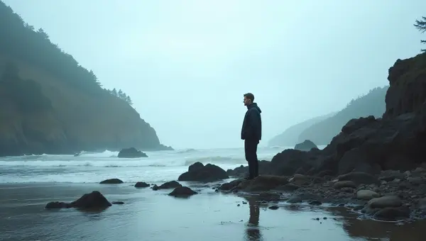 Lone Man By Jagged Coastal Rocks At Low Tide