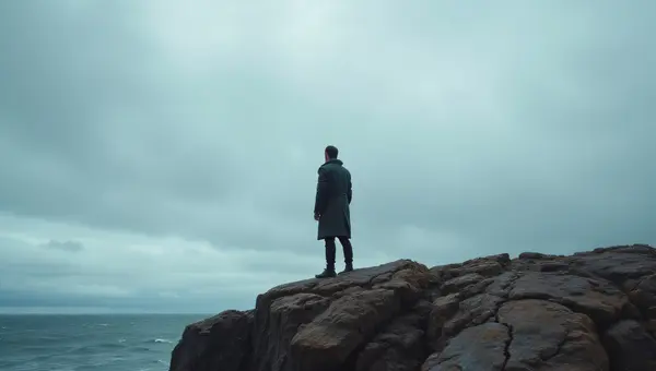 Lone Man on Coastal Rock Under Dramatic Sky
