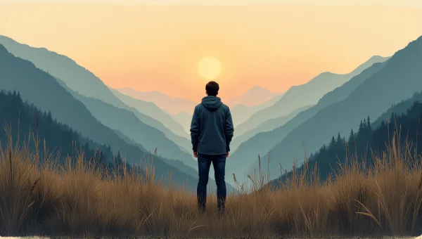 Lone Man Facing Mountains at Dusk