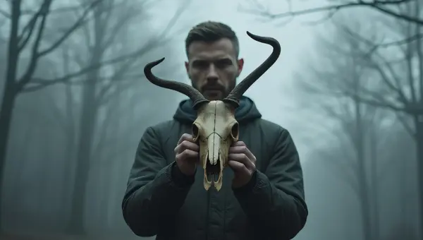 Lone Man Holding Animal Skull In Foggy Forest