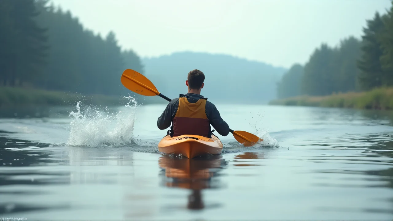 A man paddles a bright kayak across a calm river under an overcast sky.