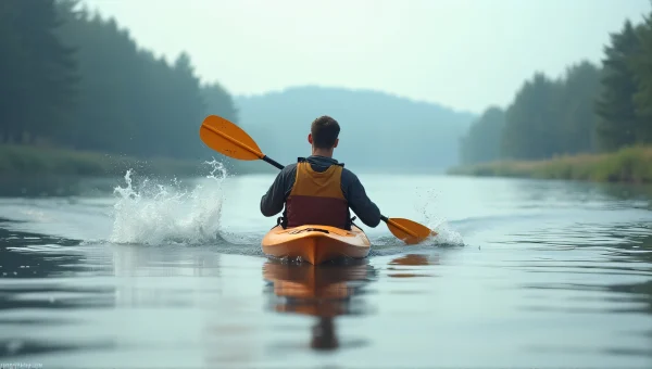 Lone Man Kayaking on Calm River Landscape