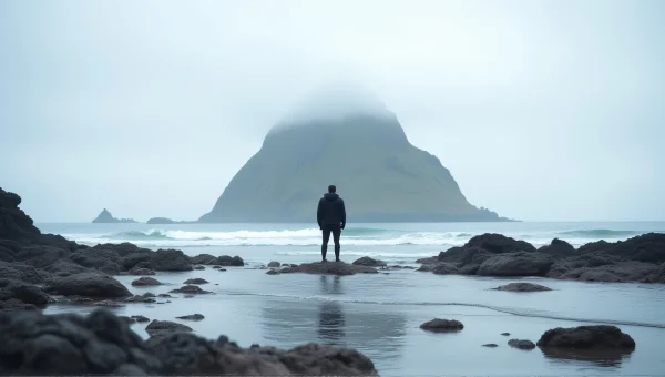 Lone Man on Rocky Seashore Facing Distant Mountain