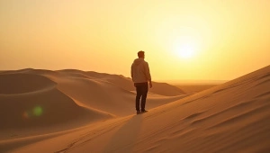 Lone Man on Rolling Sand Dunes at Golden Hour