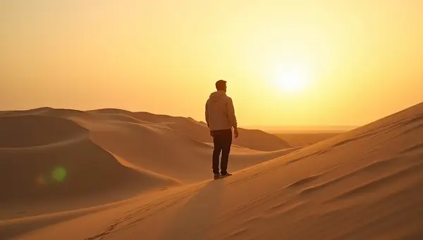 Lone Man on Rolling Sand Dunes at Golden Hour